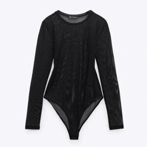 NWT Zara Lingerie Sheer Bodysuit Black Long Sleeve Size Small